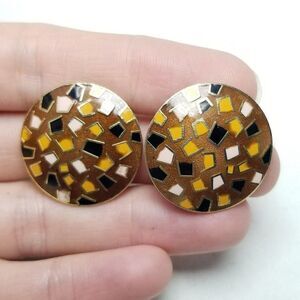 Vintage Brown Black Yellow Enamel Round Clip On Earrings, Retro 80s Style